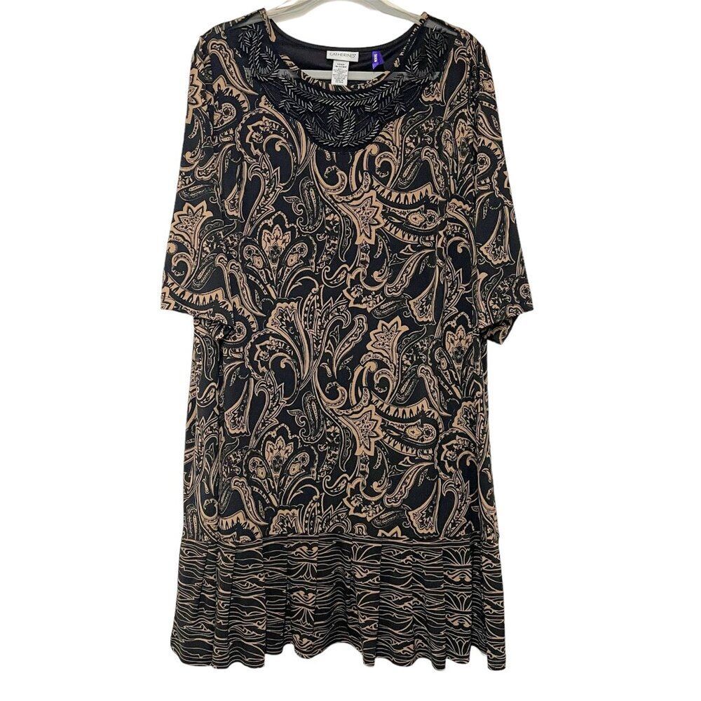 Catherines Tan Black Paisley Short Pleated Hem Beaded Mesh Detail 18/20 W Petite